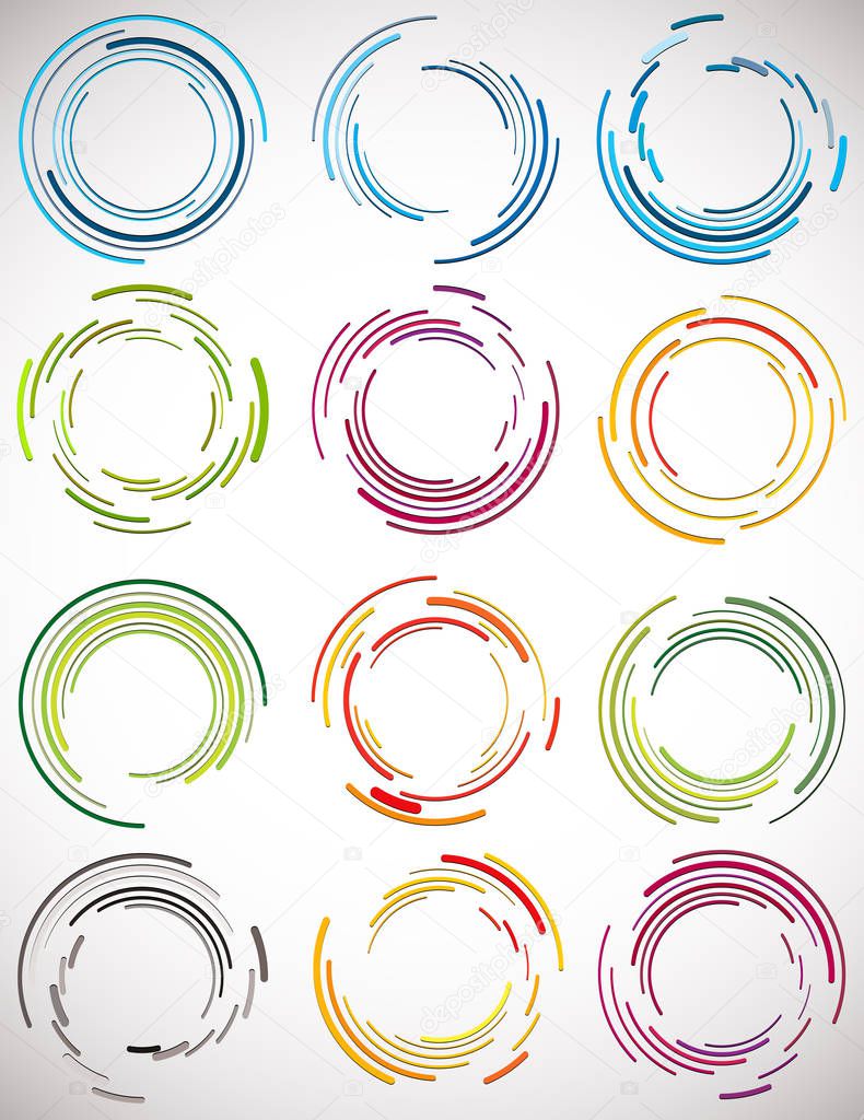 Abstract concentric circle. Spiral, swirl, twirl element. Circular and radial lines volute, helix. Segmented circle with rotation. Abstract radiating arc lines. Geometric cochlear, vortex illustration