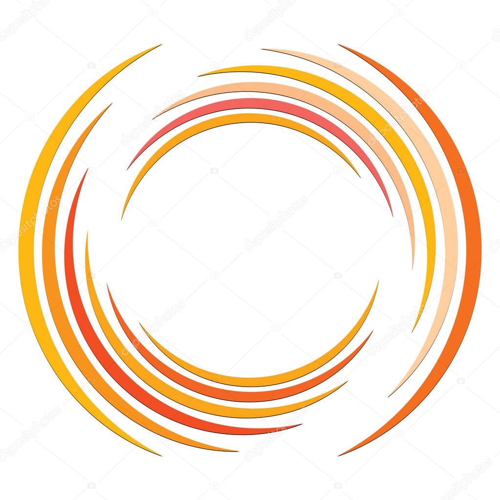 Abstract concentric circle. Spiral, swirl, twirl element. Circular and radial lines volute, helix. Segmented circle with rotation. Abstract radiating arc lines. Geometric cochlear, vortex illustration