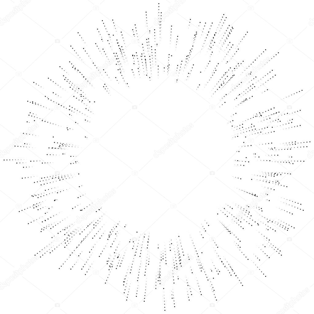 Halftone dotted, speckle radial lines. Spreading dots beams, ray