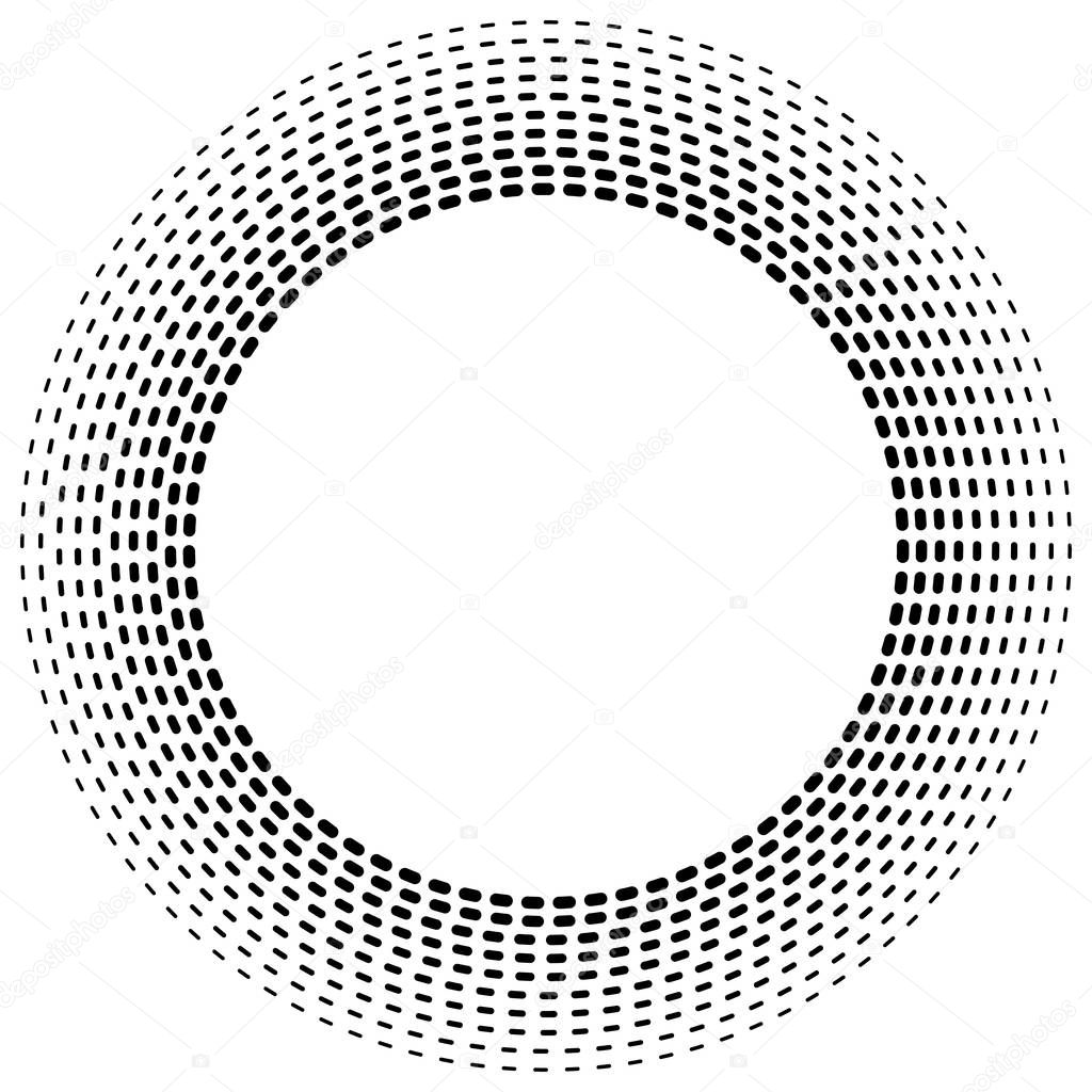 Dashed lines concentric, radial circles. Periodic, segmented lin