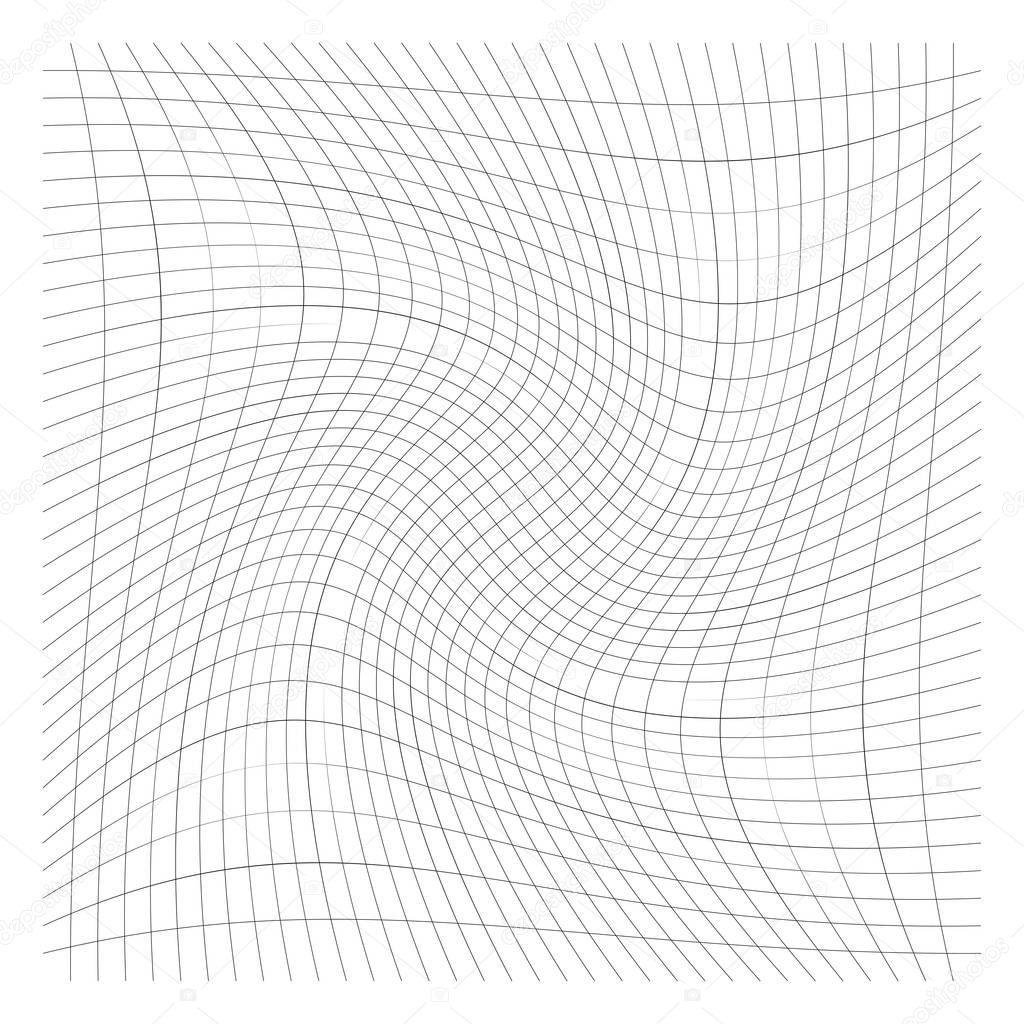 Grid, mesh of lines with circular spiral, twist, roll effect. Wh