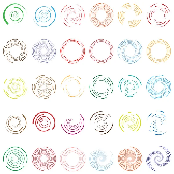 Twirl, spiral, swirl circle set of 30. Random radial, radiating — Stock Vector