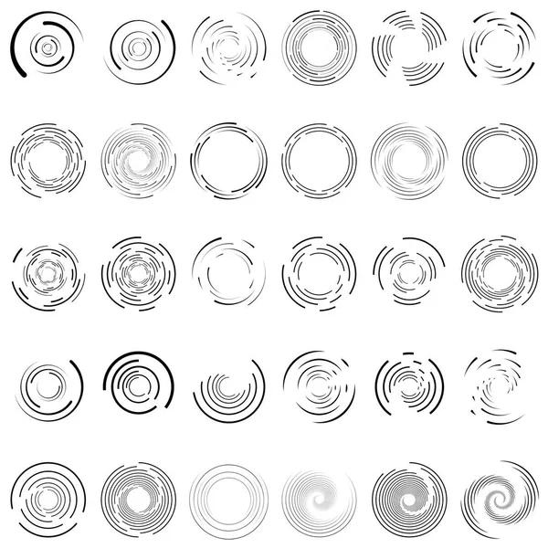 Tourbillon, spirale, cercle tourbillonnant ensemble de 30. Rayonnement radial aléatoire — Image vectorielle
