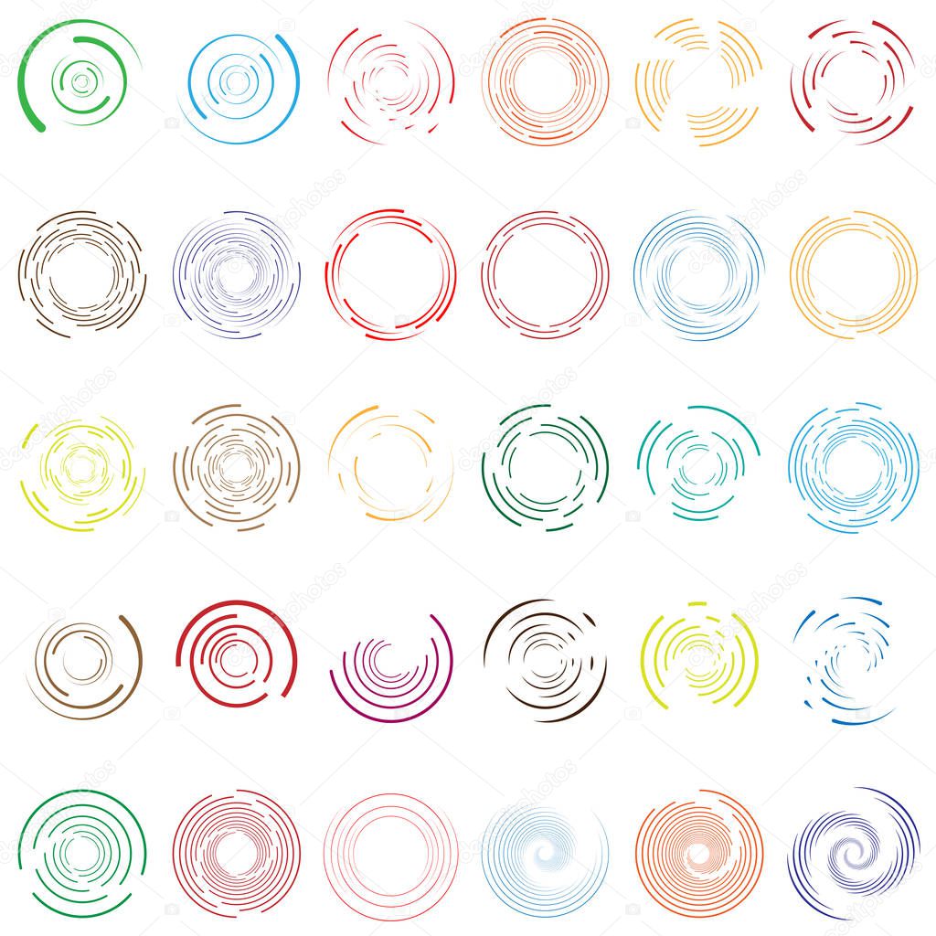 Twirl, spiral, swirl circle set of 30. Random radial, radiating 