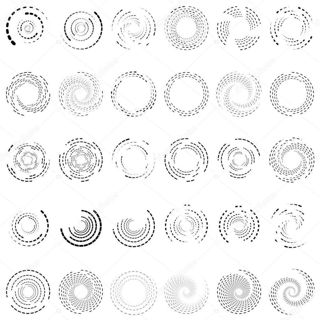 Twirl, spiral, swirl circle set of 30. Random radial, radiating 