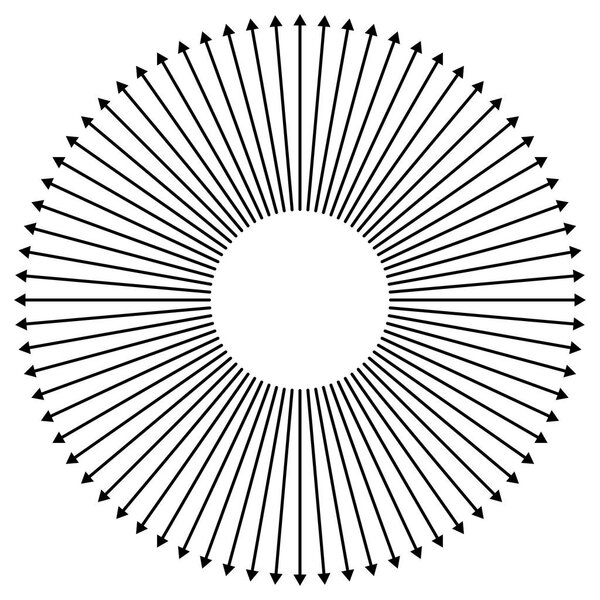 Radial, radiating arrows for expand, extend, explosion themes. D