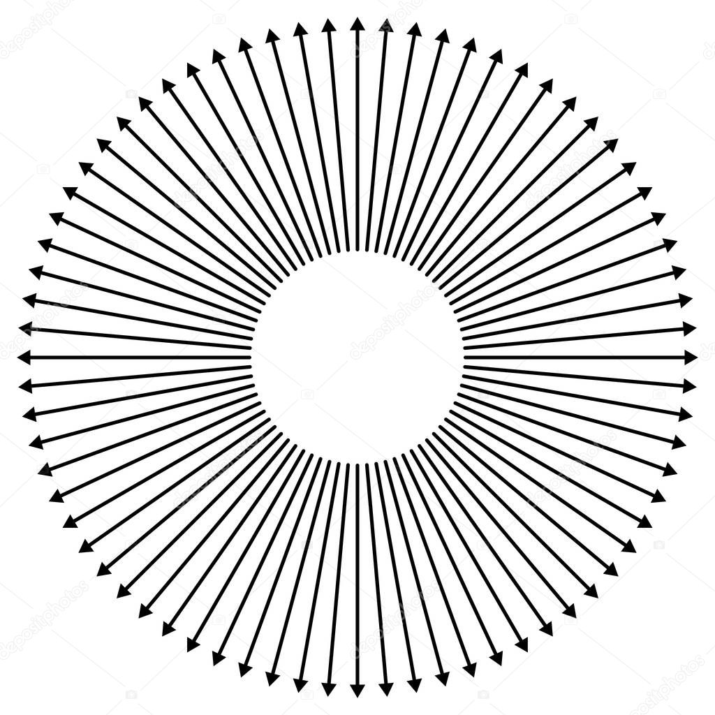 Radial, radiating arrows for expand, extend, explosion themes. D
