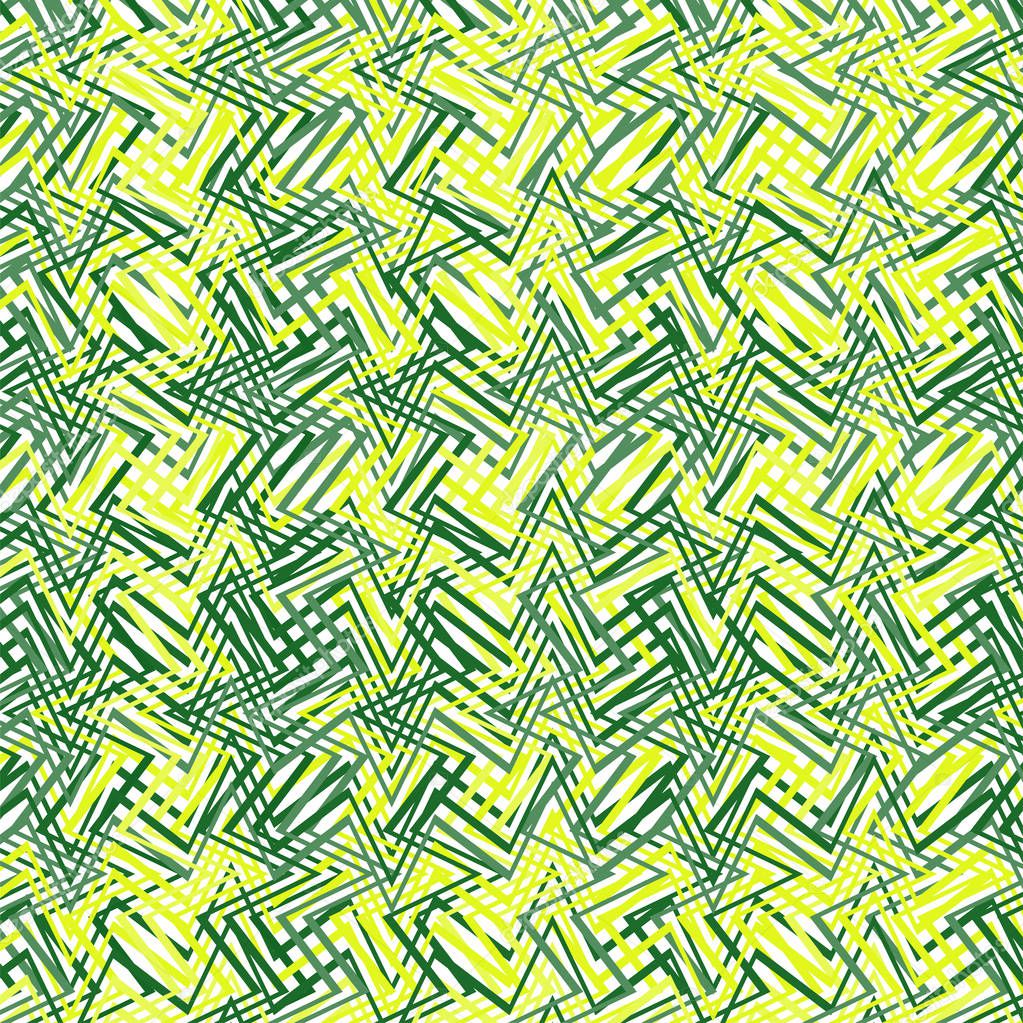 Intersected, interweaved irregular lines, stripes green grid pat