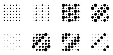 6x6 daireler varyasyon dizaynı. Noktalı benekler, çiller. Çemberler ve örgüler. Vektör illüstrasyonu