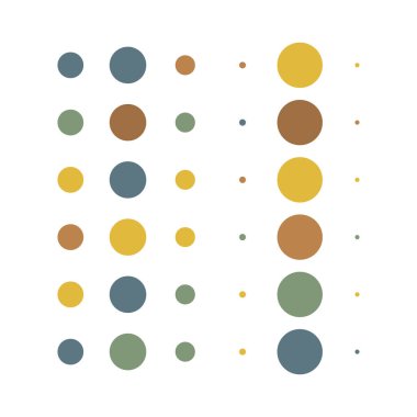 6x6 daireler varyasyon dizaynı. Noktalı benekler, çiller. Çemberler ve örgüler. Vektör illüstrasyonu