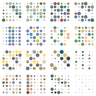 6x6 daireler varyasyon dizaynı. Noktalı benekler, çiller. Çemberler ve örgüler. Vektör illüstrasyonu