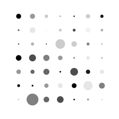 7x7 daireler varyasyon dizaynı. Noktalı benekler, çiller. Çemberler ve örgüler. Vektör illüstrasyonu