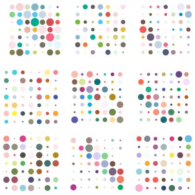 7x7 daireler varyasyon dizaynı. Noktalı benekler, çiller. Çemberler ve örgüler. Vektör illüstrasyonu