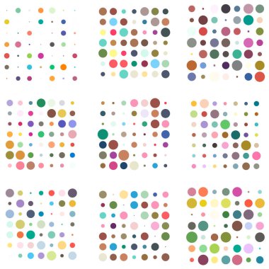 7x7 daireler varyasyon dizaynı. Noktalı benekler, çiller. Çemberler ve örgüler. Vektör illüstrasyonu