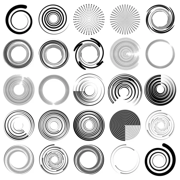 Spirale Vortice Twirl Set Collezione Set Elementi Radiali Radianti Concentrici — Vettoriale Stock