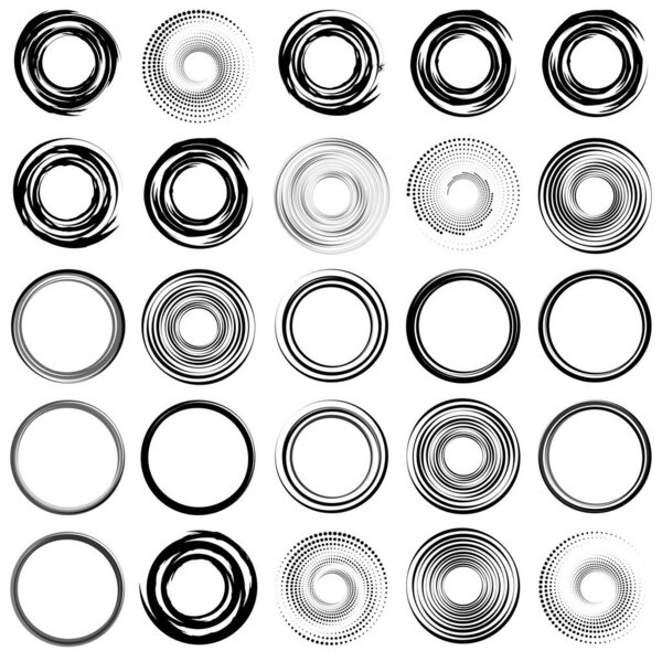Spiral, swirl, twirl set, collection. Radial, radiating, concentric element set, vector illustration