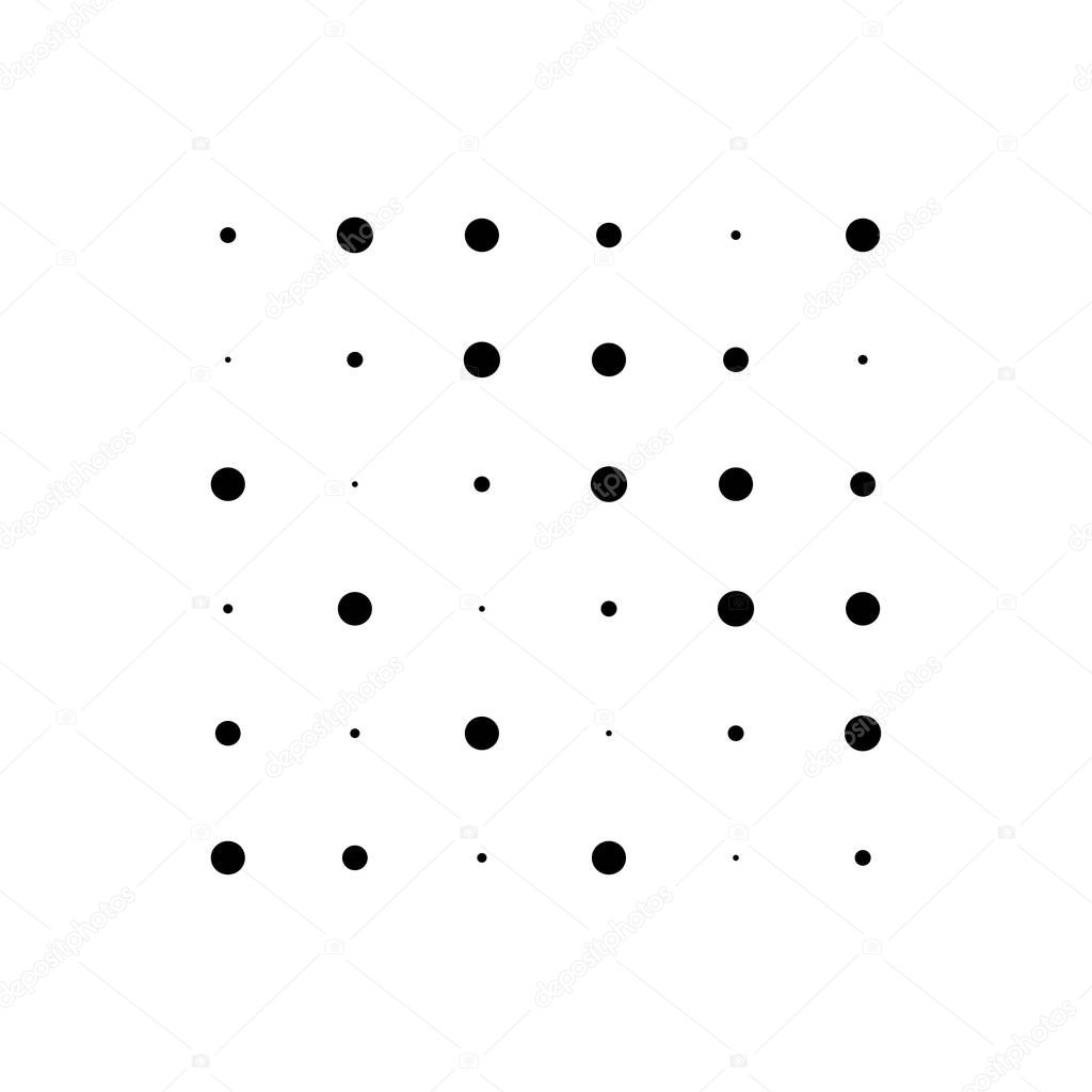 6x6 circles dots variation design. Dotted speckles, freckles. Circles grid and mesh. Vector illustration