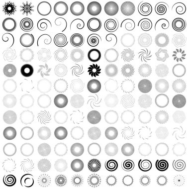 144 + spiral, girdap, dönme seti, koleksiyon. Radikal, yayıcı, eşmerkezli element kümesi, vektör illüstrasyonu