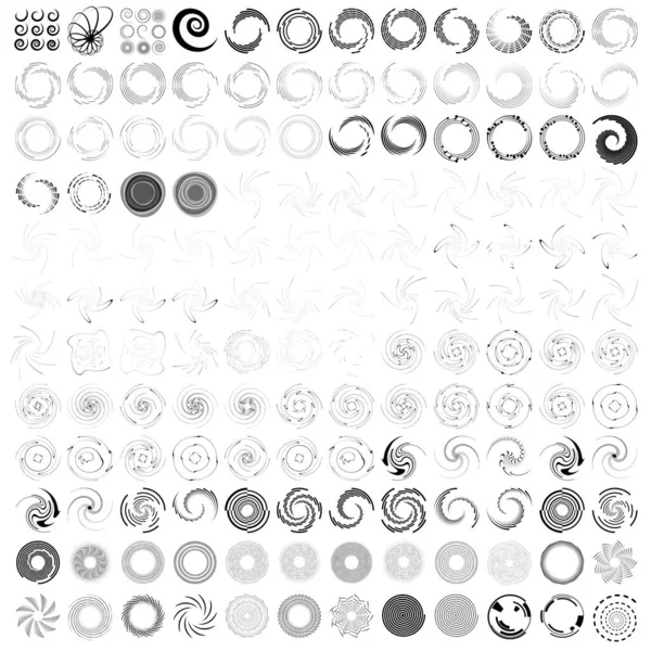 144 Spiral Virvel Twirl Set Samling Radiella Utstrålande Koncentriska Element — Stock vektor