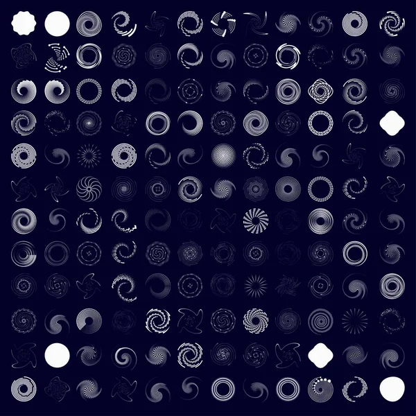 144 Espiral Redemoinho Girar Conjunto Coleção Radial Irradiando Conjunto Elementos — Vetor de Stock