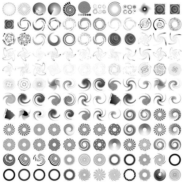 144+ spiral, swirl, twirl set, collection. Radial, radiating, concentric element set, vector illustration