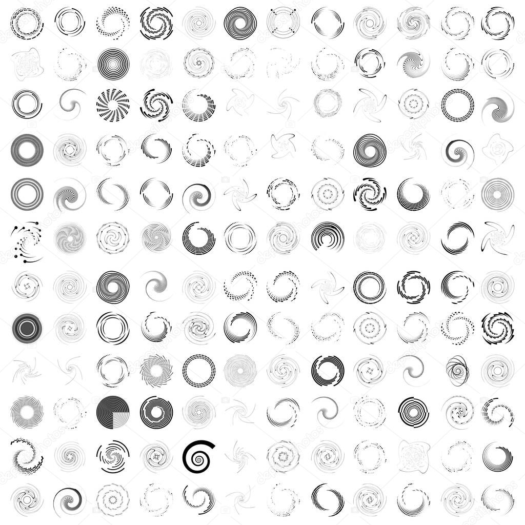 144+ spiral, swirl, twirl set, collection. Radial, radiating, concentric element set, vector illustration