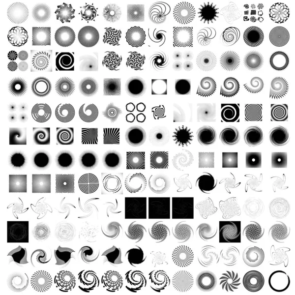 144 Spiral Virvel Twirl Set Samling Radiella Utstrålande Koncentriska Element — Stock vektor