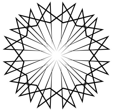 Soyut siyah-beyaz dairesel, daire şeklinde, mandala-motif klip-sanat, tasarım elementi. Radikal, yayıcı, eşmerkezli mandala, motif tasarım elementi. Geometrik dairesel dekorasyon, süsleme vektörü çizimi