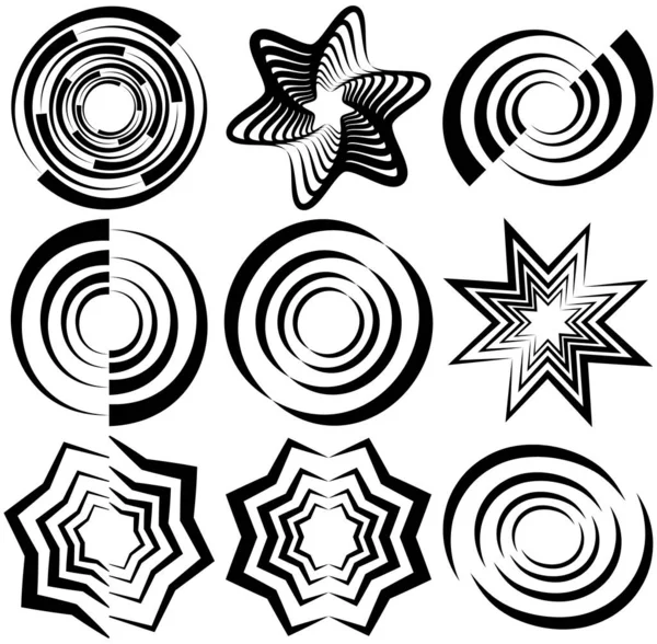 抽象的な黒と白の円形 同心円状と放射状の輪郭 アウトラインマンダラ モチーフのロゴの形 デザイン要素 クリップアートセット — ストックベクタ
