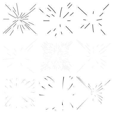 Radyal, yayılan çizgiler soyut patlama, patlama, havai fişekler FX.Concentric, dairesel çizgiler desen. Işınlar merkezden yayılıyor. Patlama çizgileri. Soyut ışıltı, parıltı, parıltı, ışıltı FX.Vector illüstrasyonu