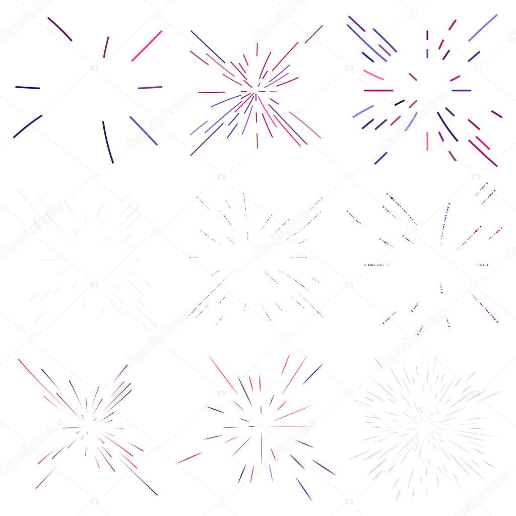 Radial,radiating lines abstract burst, explosion, fireworks FX.Concentric, circular lines pattern.Beams, rays spreading from center. Blast lines.Abstract twinkle, gleam, shimmer FX.Vector illustration