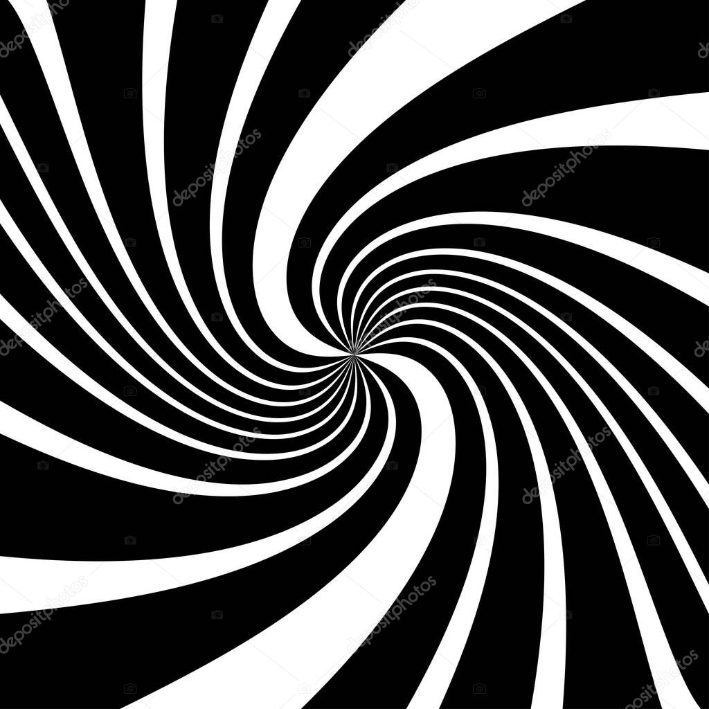 Twist, spiral, swirl, twirl element. BW Radial rotating stripes