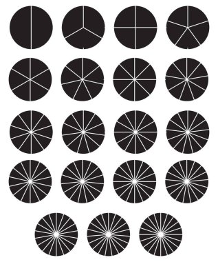 Çember pasta grafiği, 2 ile 20 bölümden oluşan pasta diyagramı simgesi. Basit, temel bilgi şeması, bilgi şablonu. Bölünmüş çemberler, dairesel diyagram, grafik simgesi