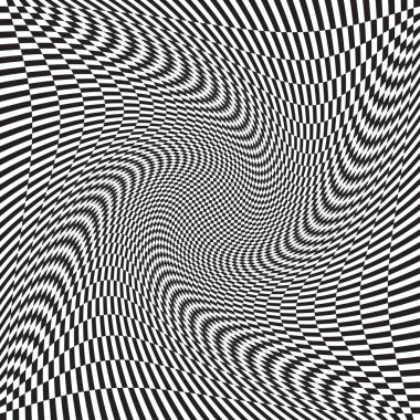 Damalı, kareli, çarpıtmalı satranç tahtası yüzeyi, deformasyon etkisi. Dağınık, deforme olmuş kareler arka plan, desen. Dalgalı, dalgalı versiyonu