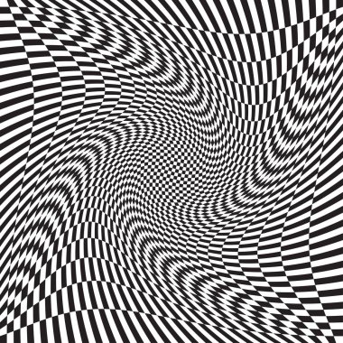 Damalı, kareli, çarpıtmalı satranç tahtası yüzeyi, deformasyon etkisi. Dağınık, deforme olmuş kareler arka plan, desen. Dalgalı, dalgalı versiyonu