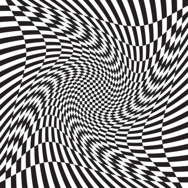 Damalı, kareli, çarpıtmalı satranç tahtası yüzeyi, deformasyon etkisi. Dağınık, deforme olmuş kareler arka plan, desen. Dalgalı, dalgalı versiyonu