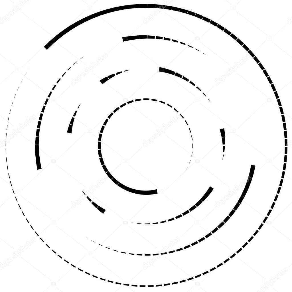Abstract circular ,radial design element. Geometric radiating dashed lines. Burst, starburst, sunburst and twister, curlicue and whirlwind clip-art