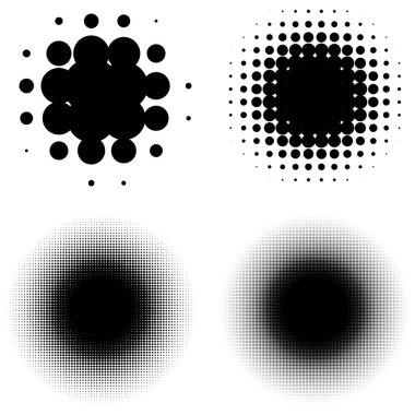 Yarım ton (yarım ton) element. Noktalar, daireler, benekler ve çiller vektör illüstrasyonu. Noktalama dizaynı