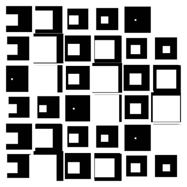 Rastgele, kaotik kareler geometrik desen, vektör çizimleri. Rastgele siyah ve beyaz çakışan bloklar soyut sanat