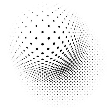 Küresel bozulma yarım ton nokta elementi. Küre, şişkinlik, çarpma noktaları ve ekran tonunda top deformasyonu. Noktalama listesi, soyut geometrik çember elementi, desen. Eğri, kamuflaj FX