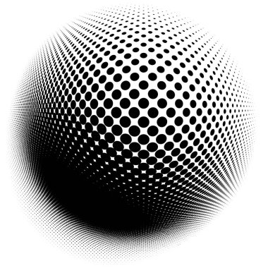 Spherical distortion halftone dots element. Orb, ball deform on bulge, bump speckles, polka-dots and screentone.Pointillist, pointillism abstract geometric circle element, pattern.Curve,camber FX clipart