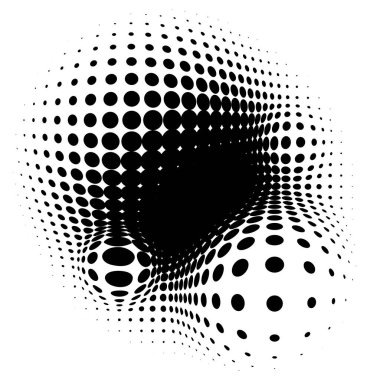 Spherical distortion halftone dots element. Orb, ball deform on bulge, bump speckles, polka-dots and screentone.Pointillist, pointillism abstract geometric circle element, pattern.Curve,camber FX clipart
