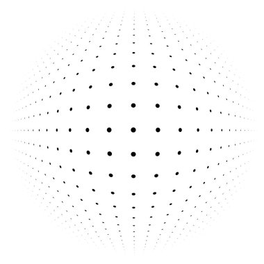 Küresel bozulma yarım ton nokta elementi. Küre, şişkinlik, çarpma noktaları ve ekran tonunda top deformasyonu. Noktalama listesi, soyut geometrik çember elementi, desen. Eğri, kamuflaj FX