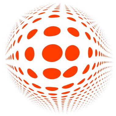 Küresel bozulma yarım ton nokta elementi. Küre, şişkinlik, çarpma noktaları ve ekran tonunda top deformasyonu. Noktalama listesi, soyut geometrik çember elementi, desen. Eğri, kamuflaj FX