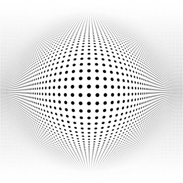 Spherical distortion halftone dots element. Orb, ball deform on bulge, bump speckles, polka-dots and screentone.Pointillist, pointillism abstract geometric circle element, pattern.Curve,camber FX