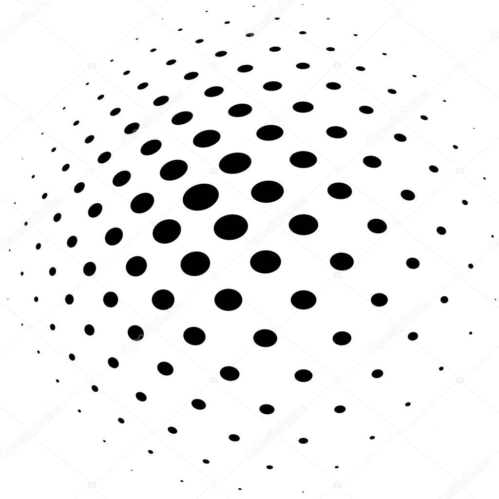 Spherical distortion halftone dots element. Orb, ball deform on bulge, bump speckles, polka-dots and screentone.Pointillist, pointillism abstract geometric circle element, pattern.Curve,camber FX