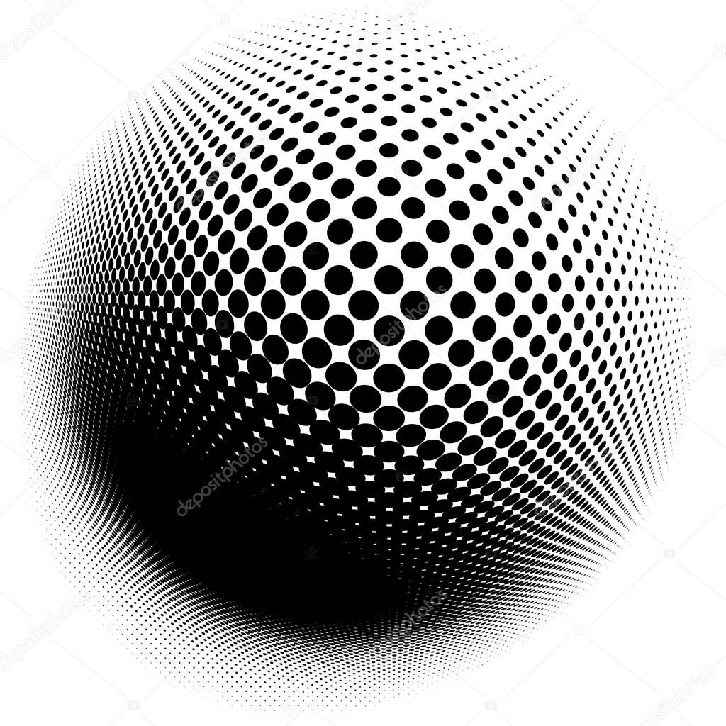 Spherical distortion halftone dots element. Orb, ball deform on bulge, bump speckles, polka-dots and screentone.Pointillist, pointillism abstract geometric circle element, pattern.Curve,camber FX