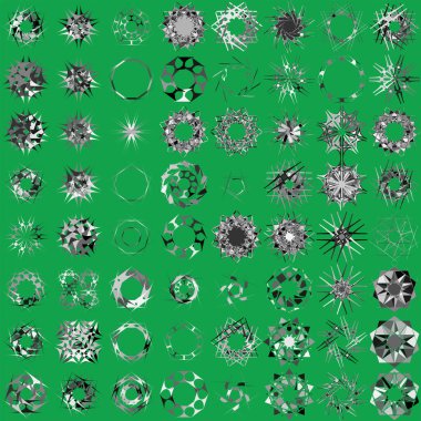 Farklı tipte soyut taşlar, kristal şekiller. Dairesel, radyal motifler, simgeler ayarlandı