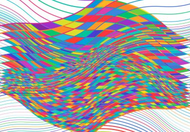 Mozaik arka plan, tessellasyon deseni. Renkli dalgalı, dalgalı ve dalgalı, dalgalı bir illüstrasyon. Soyut vektör sanatı. dalgalanma, kıvrımlı, zig-zag ve çapraz-çapraz garip, garip yapı elementi