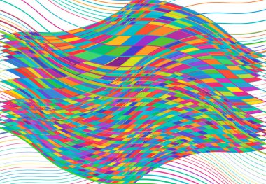 Mozaik arka plan, tessellasyon deseni. Renkli dalgalı, dalgalı ve dalgalı, dalgalı bir illüstrasyon. Soyut vektör sanatı. dalgalanma, kıvrımlı, zig-zag ve çapraz-çapraz garip, garip yapı elementi